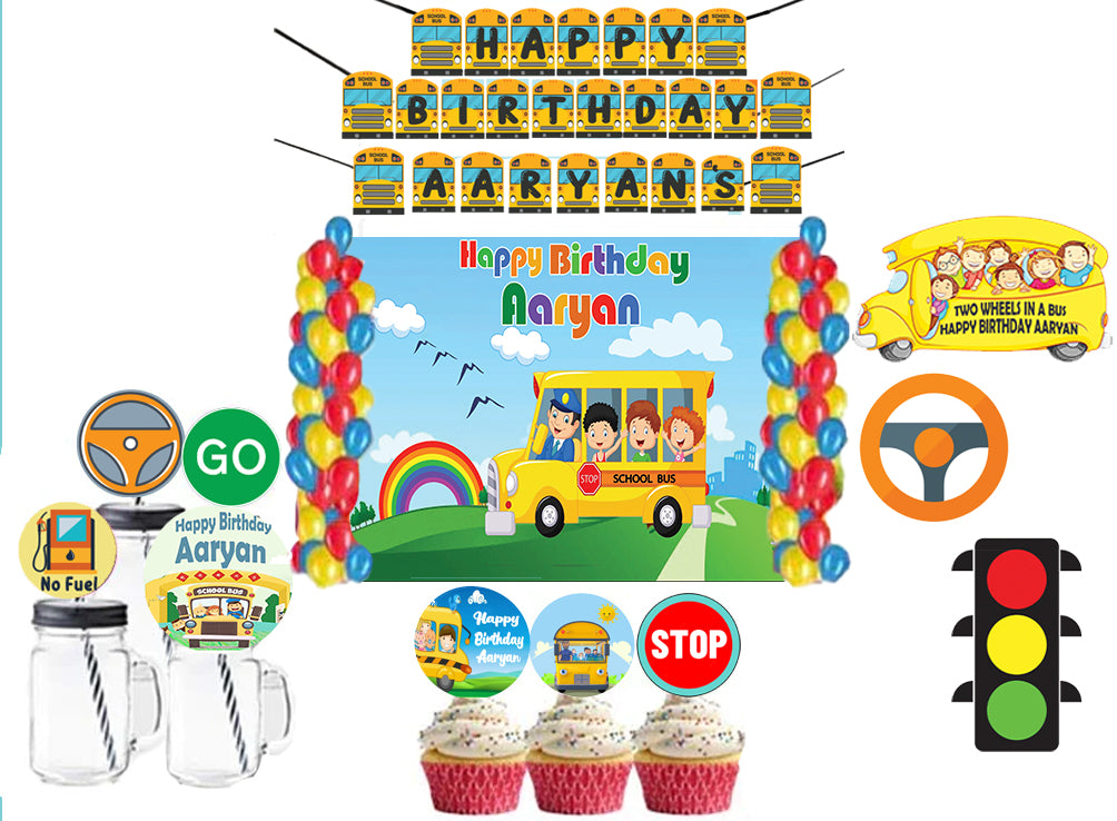 Wheels on the Bus Theme Birthday Party Combo Kit with Backdrop & Decorations