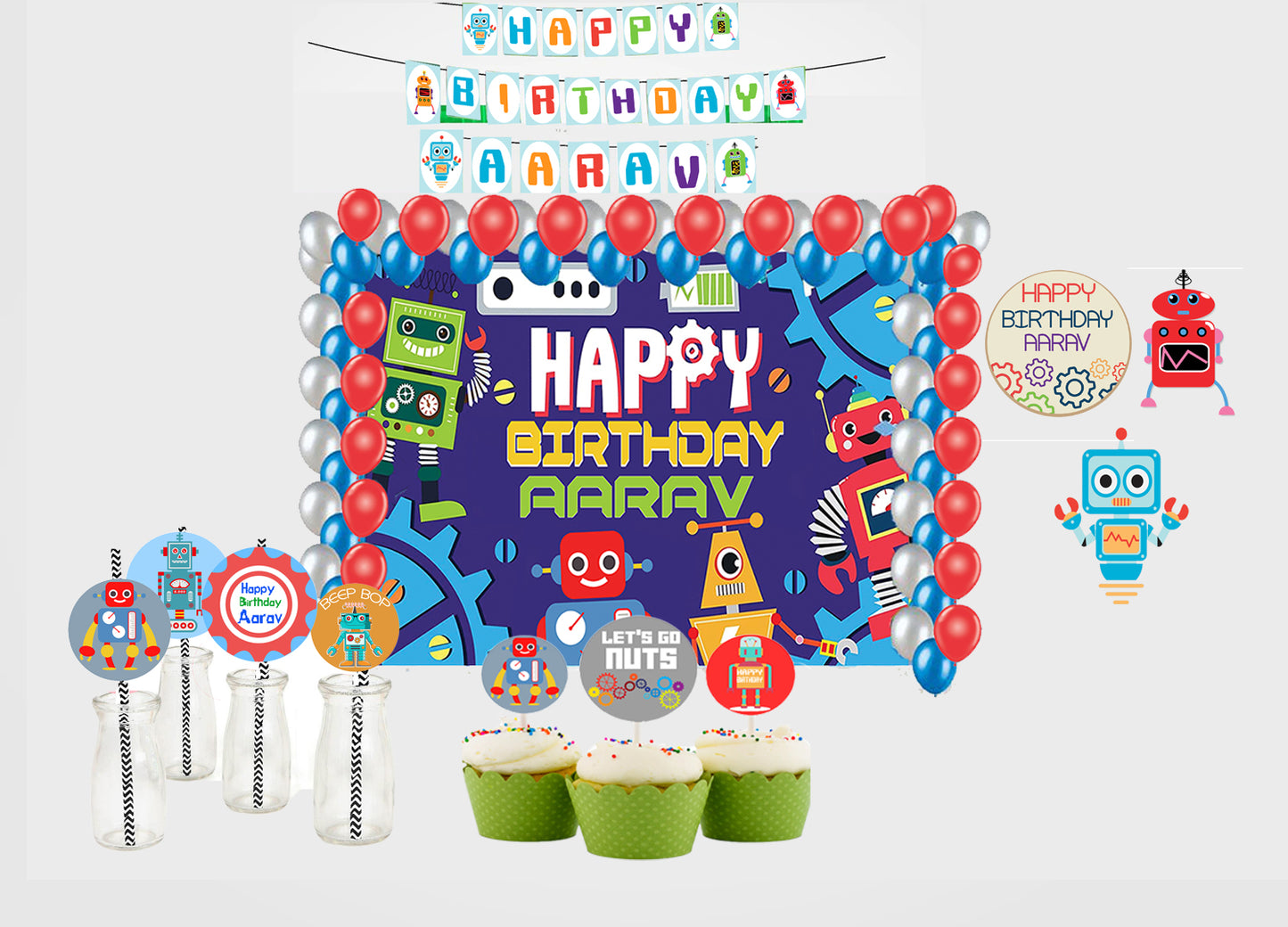 Robot Theme Birthday Party Combo Kit with Backdrop & Decorations