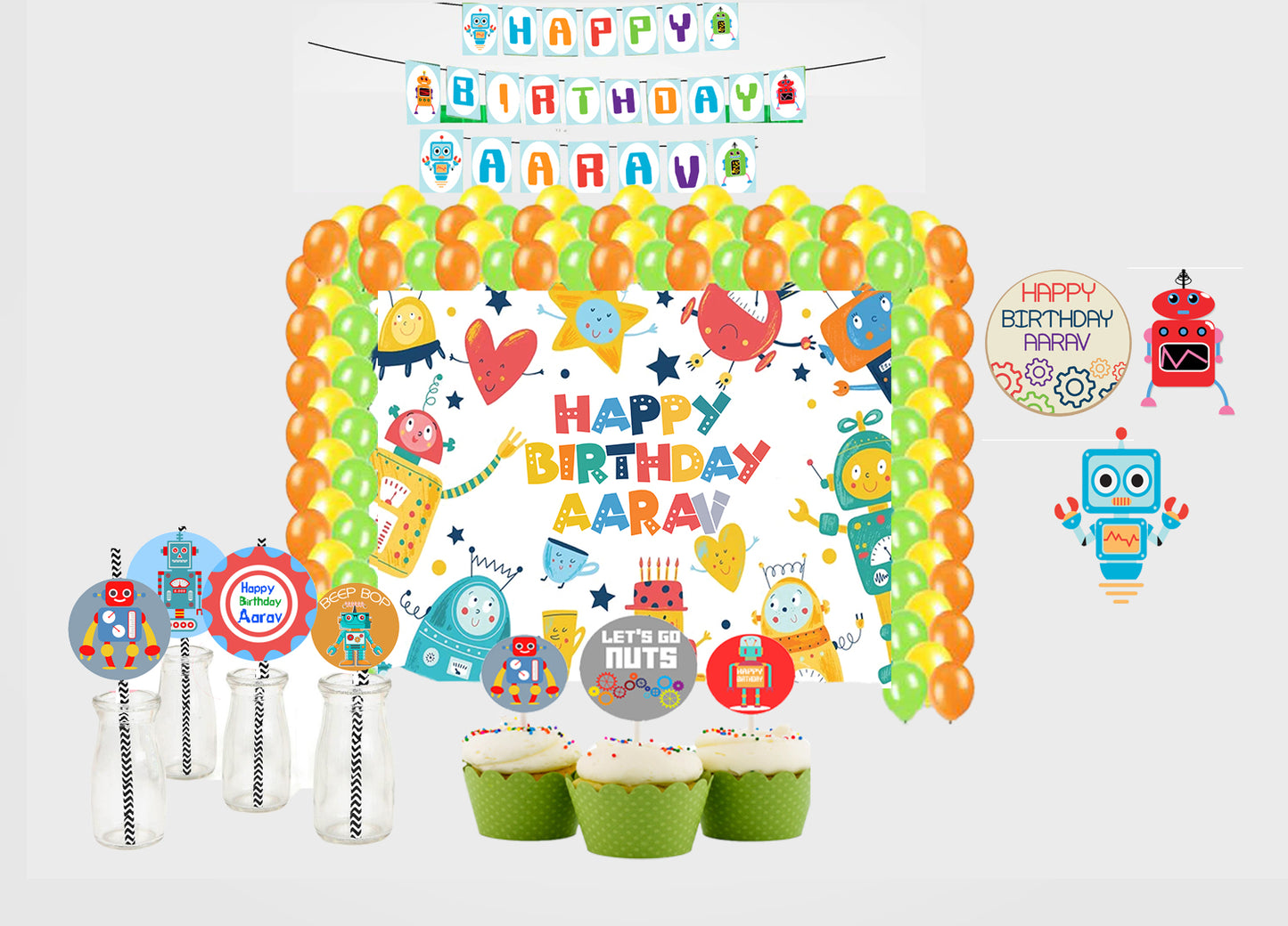 Robot Theme Birthday Party Combo Kit with Backdrop & Decorations