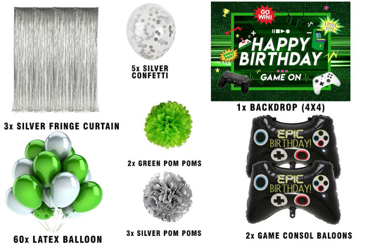 Game On Birthday Party Decorations Complete Set for Boys Birthday Party -Backdrop & Decorations Kit with Pom Pom Pump Glue Dot & Balloon Strip