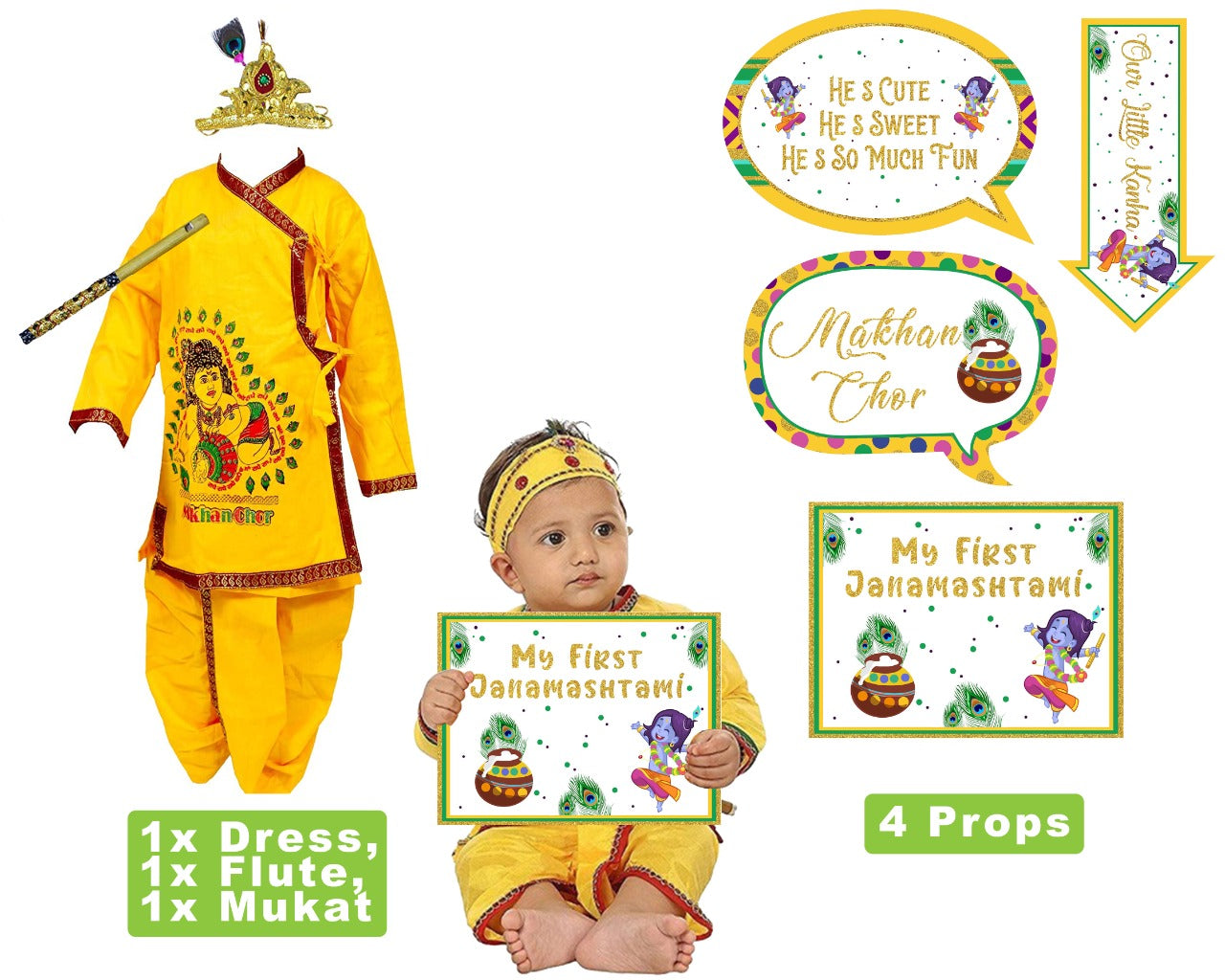 Krishna Dress Janmashtami Special /Krishna Birthday Theme Dress with Prop Set