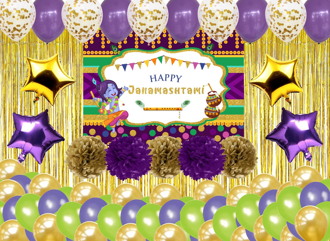 Krishna Theme /Janmashtami Complete Decoration Kit with Backdrop with Pom pom