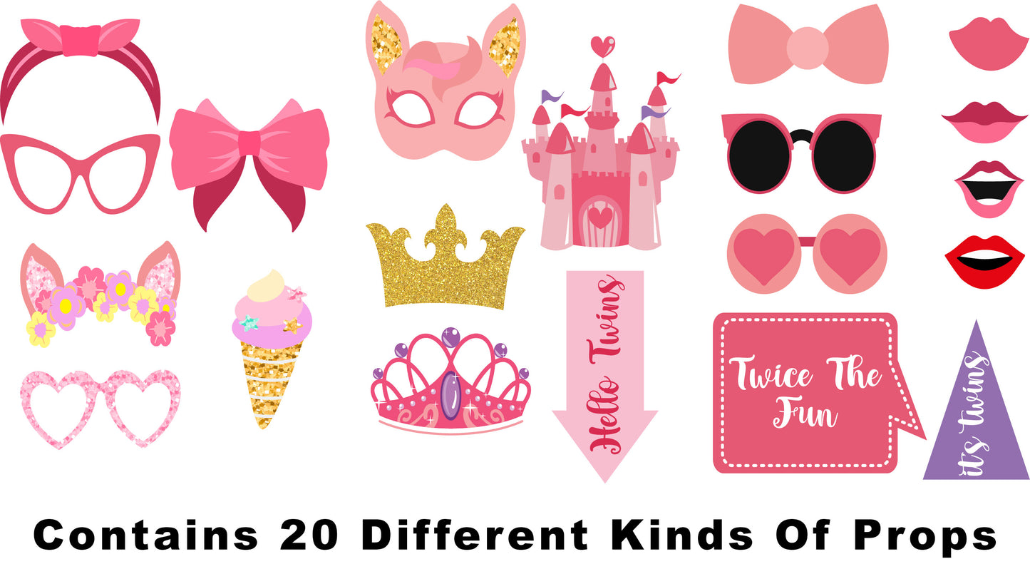 Twin Girls Theme Birthday Party Photo Booth Props Kit