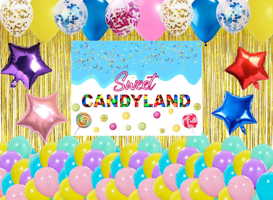 Candy Land Theme Birthday Party Decoration Kit with Backdrop & Balloons