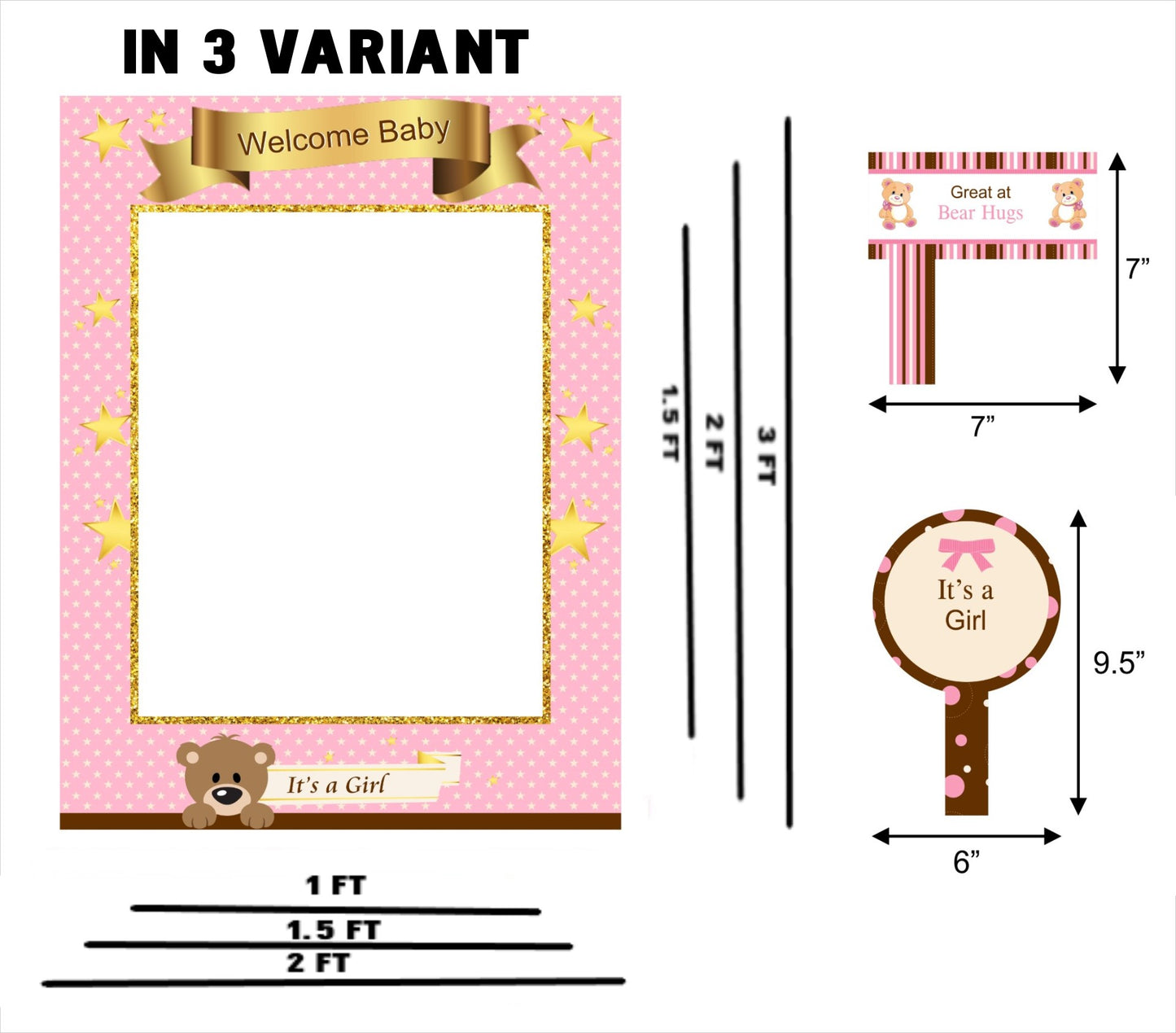 Cute Teddy Theme Welcome Baby Girl Selfie Photo Booth Frame & Props