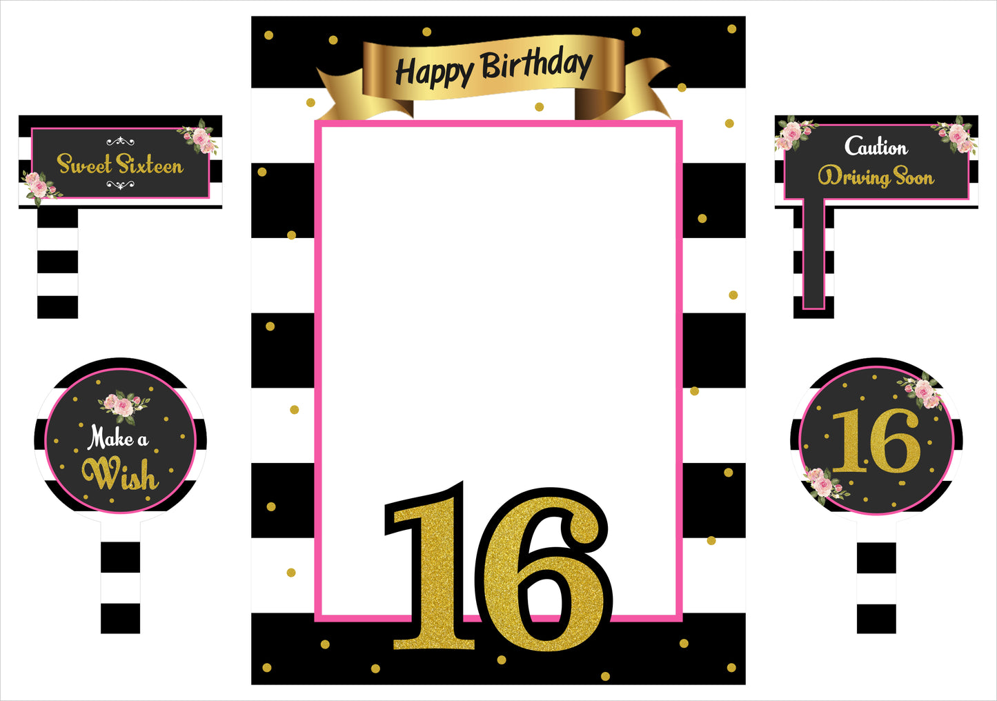 16th Birthday Party Selfie Photo Booth Frame & Props