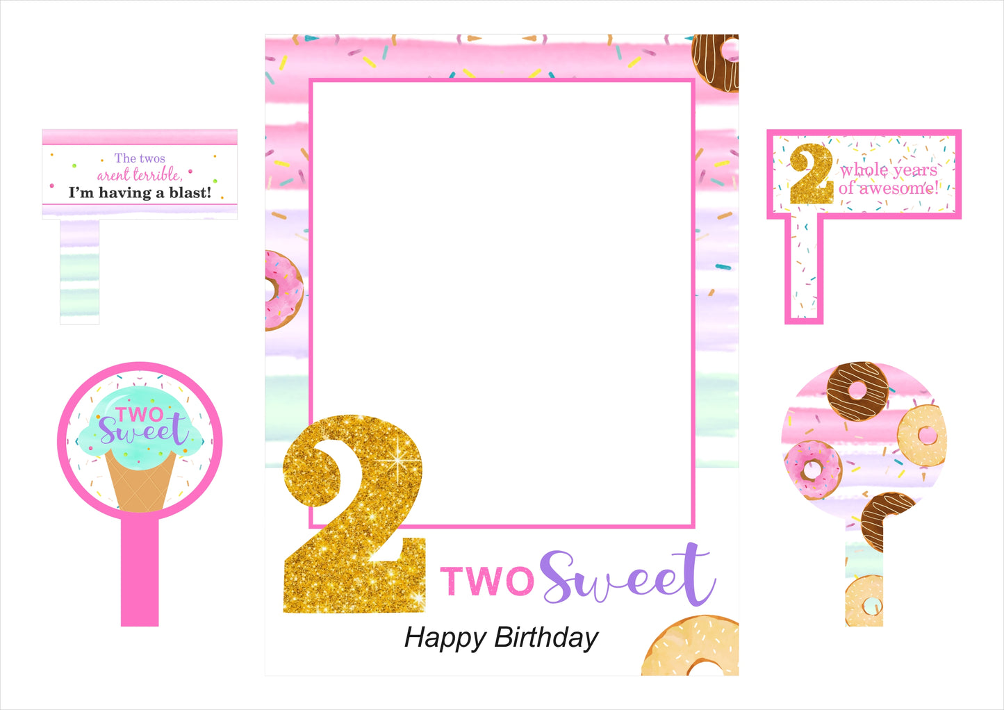 Two Sweet Theme Birthday Party Selfie Photo Booth Frame & Props