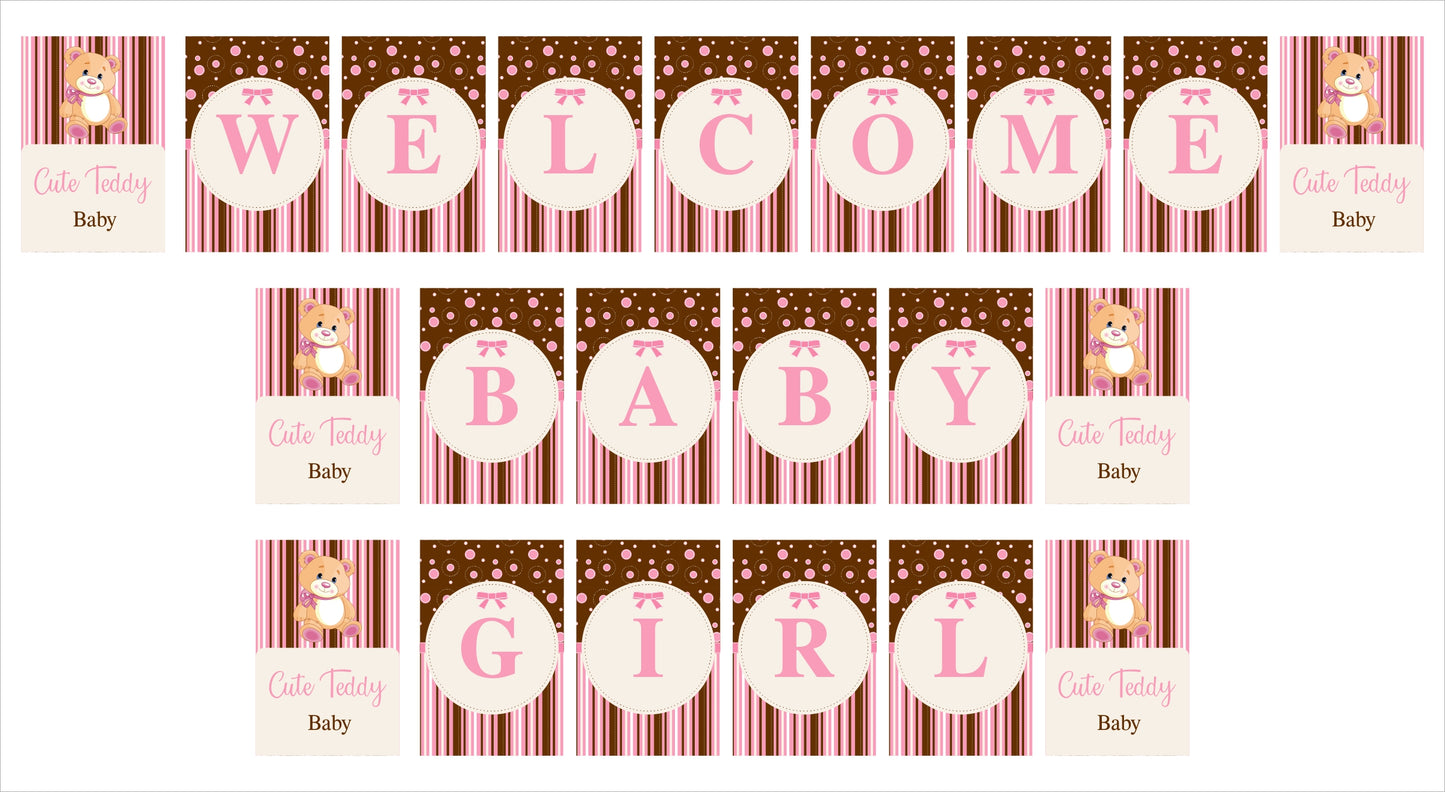 Cute Teddy Theme Welcome Baby Girl Banner for Decoration