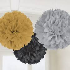Golden ,Silver And Black Pom Pom Flower Decoration -Anniversary Parties & Milestone Birthday