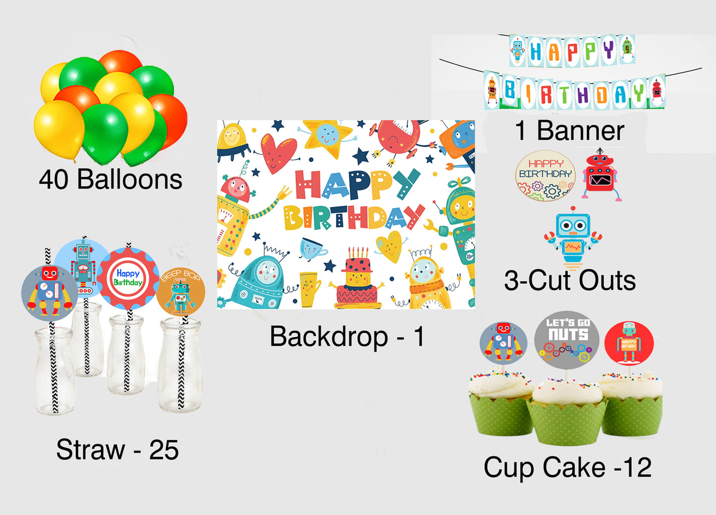 Robot Theme Birthday Party Combo Kit with Backdrop & Decorations