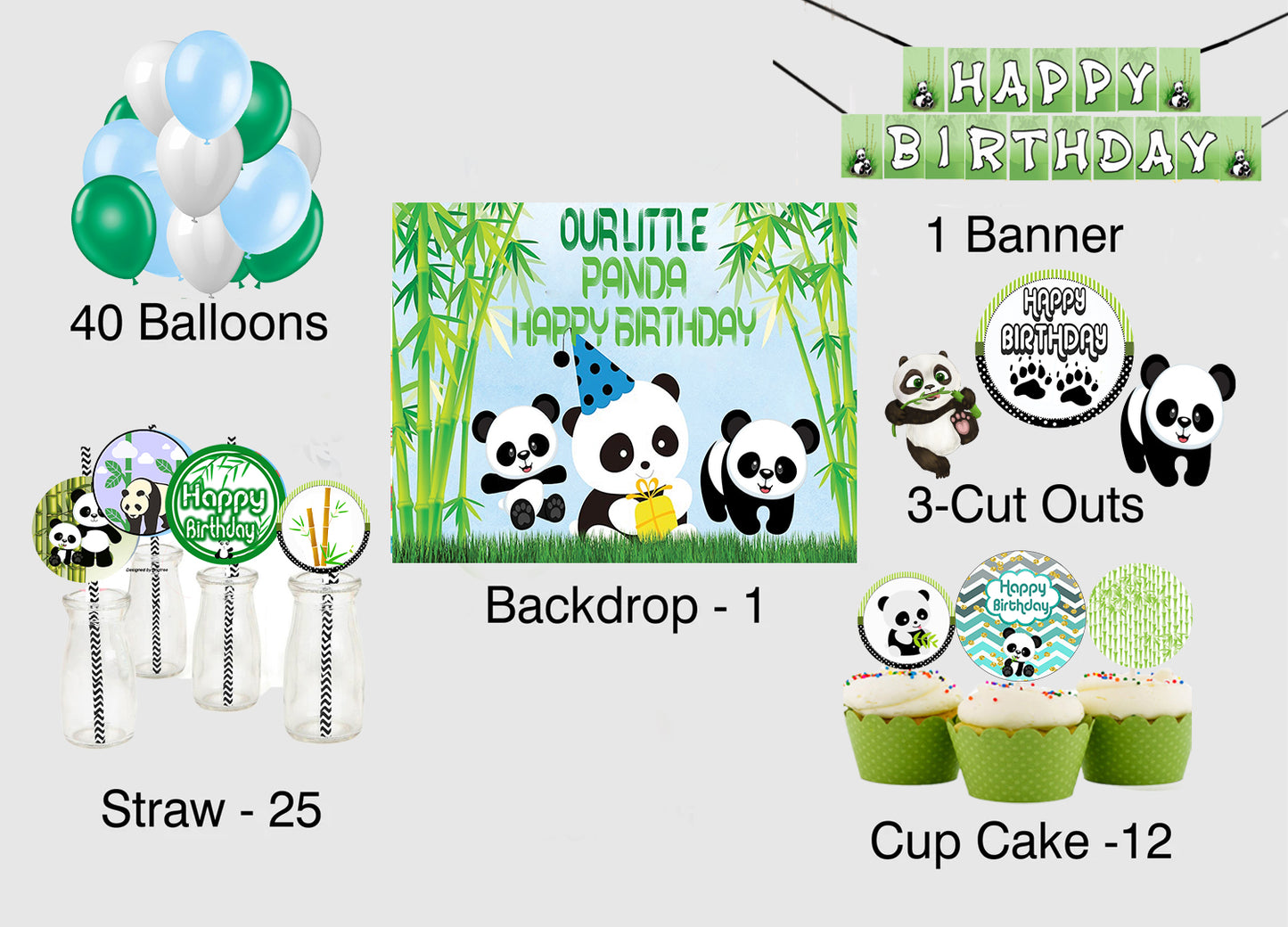 Panda Theme Birthday Party Combo Kit with Backdrop & Decorations