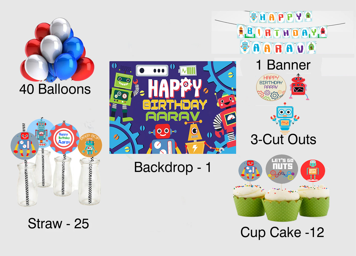 Robot Theme Birthday Party Combo Kit with Backdrop & Decorations
