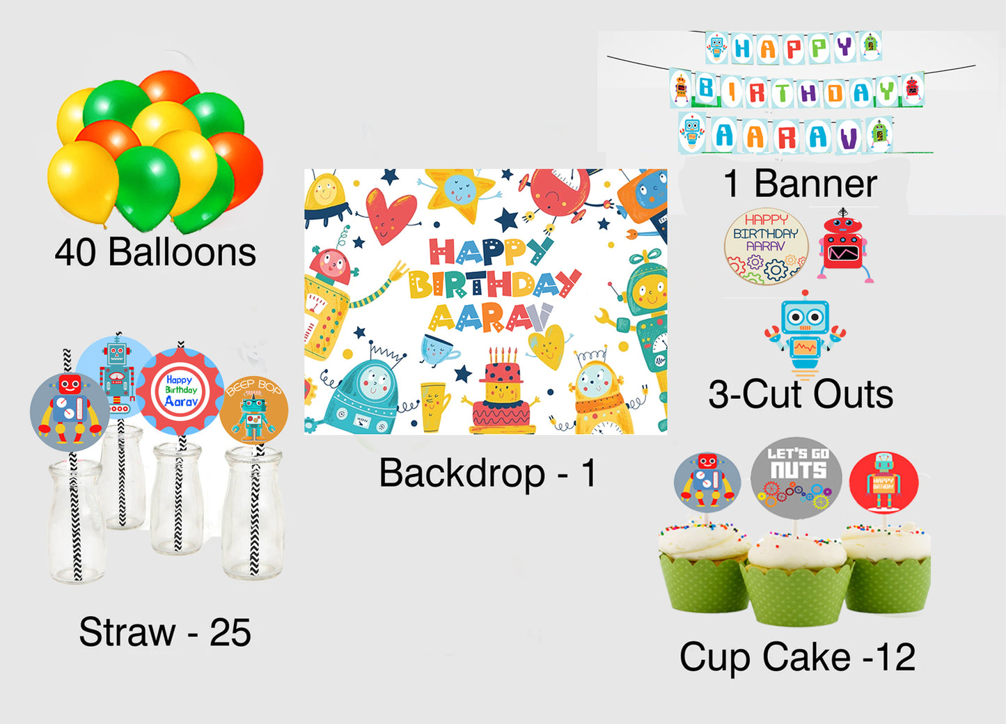Robot Theme Birthday Party Combo Kit with Backdrop & Decorations