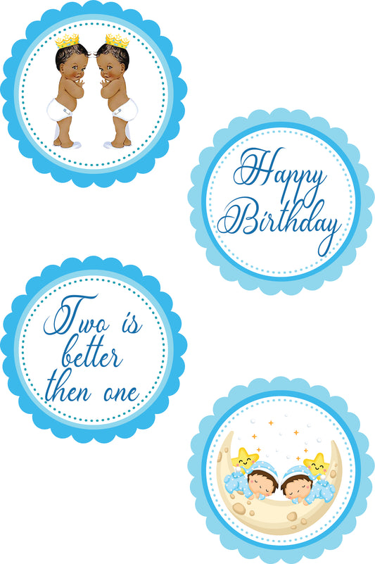 Twin Boys Theme Birthday Party Cupcake Toppers for Decoration