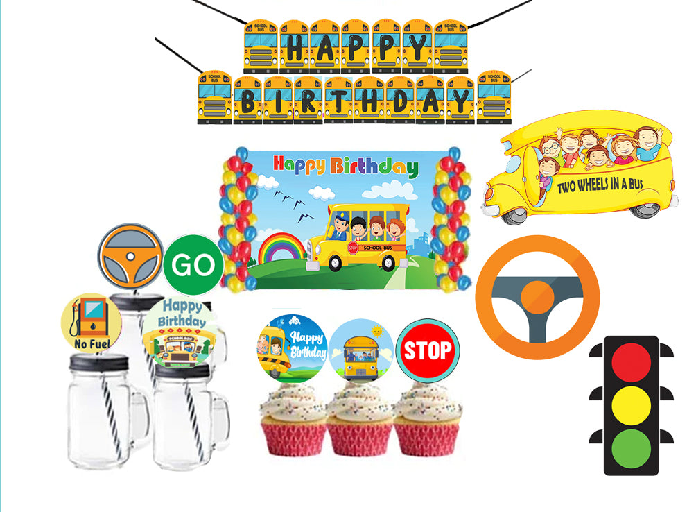 Wheels on the Bus Theme Birthday Party Combo Kit with Backdrop & Decorations