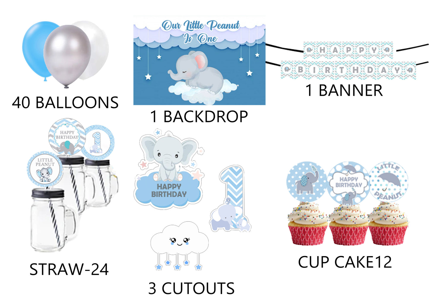 Elephant Theme Birthday Party Combo Kit with Backdrop & Decorations