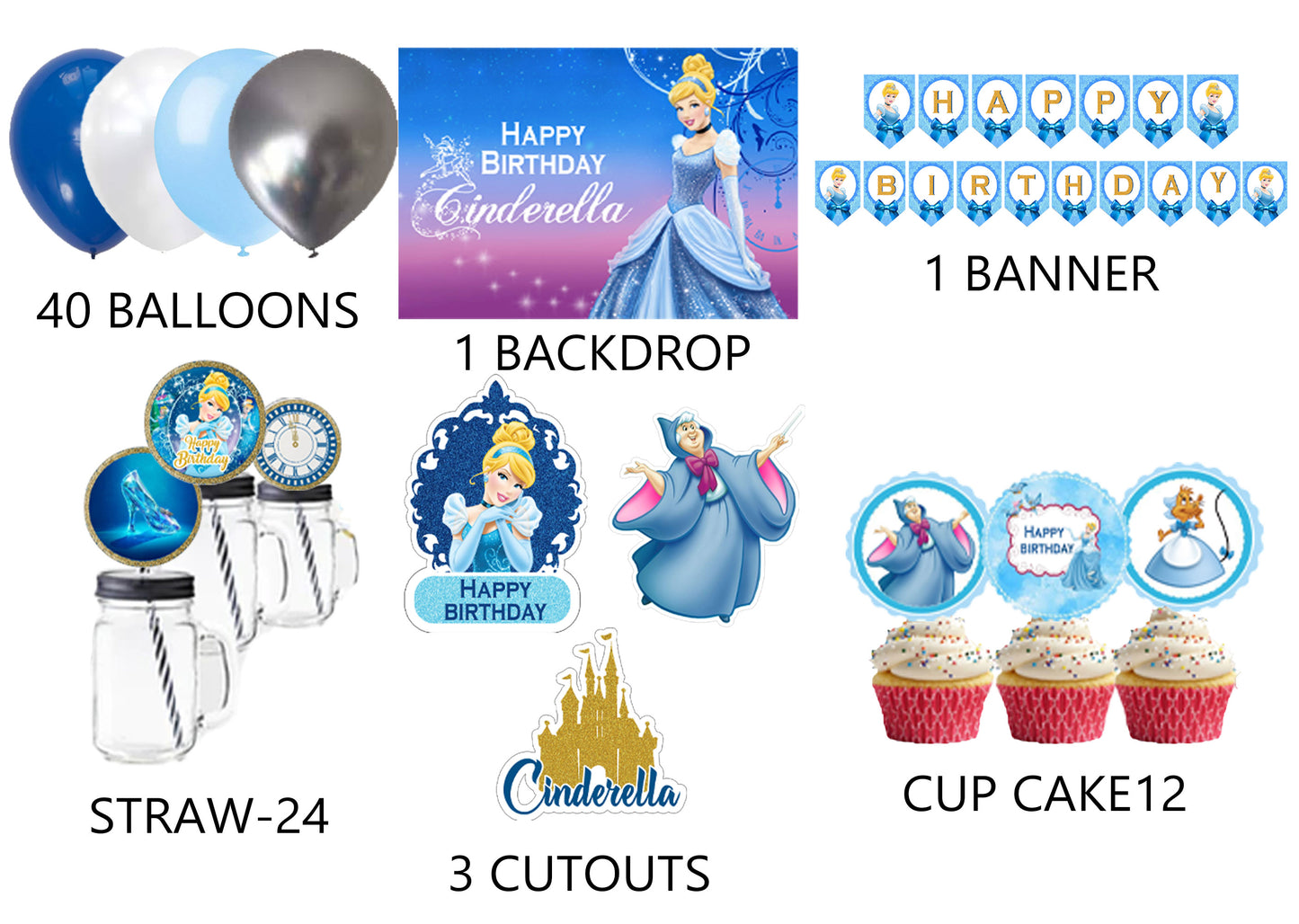 Cinderella Theme Birthday Party Combo Kit with Backdrop & Decorations