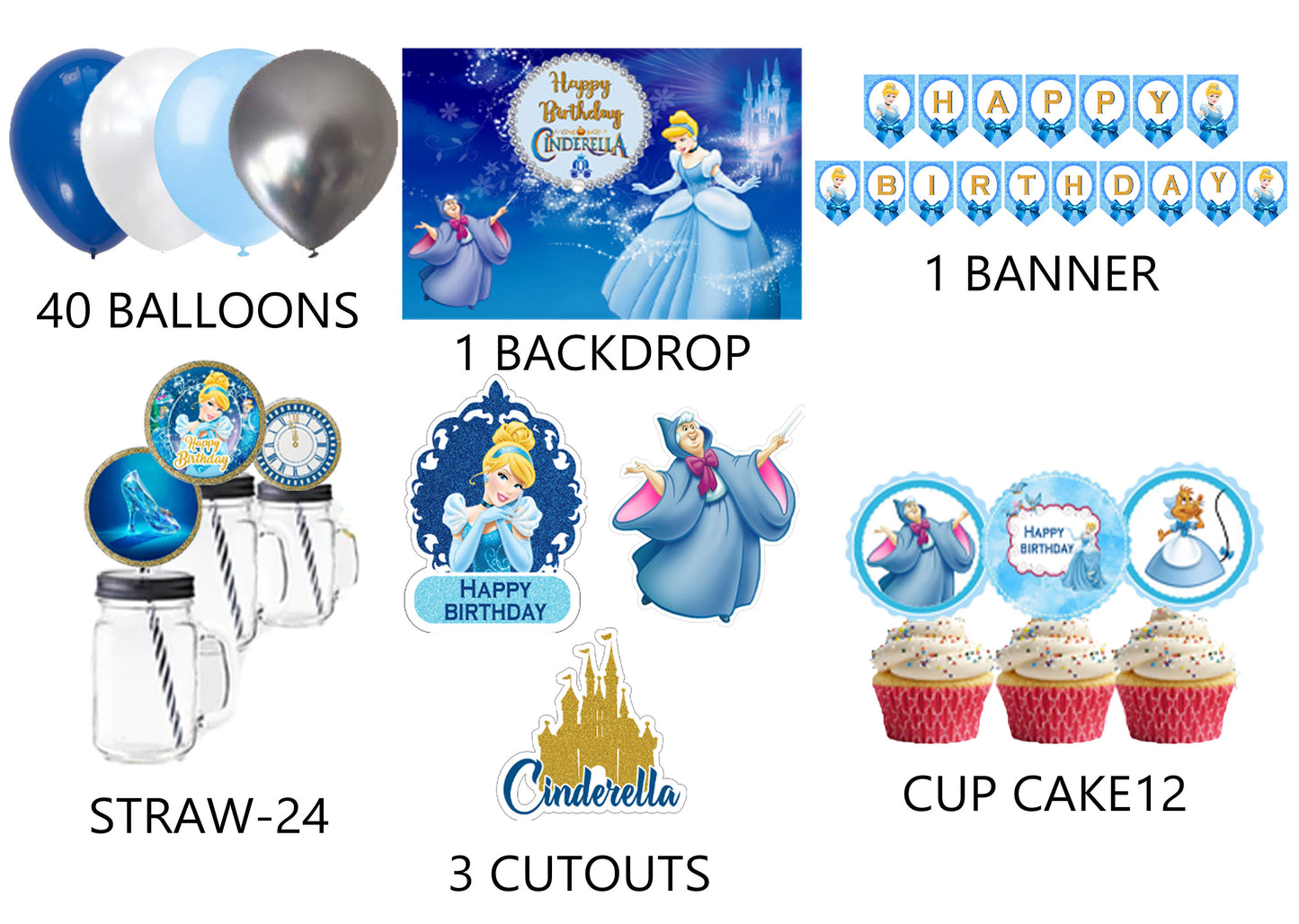 Cinderella Theme Birthday Party Combo Kit with Backdrop & Decorations
