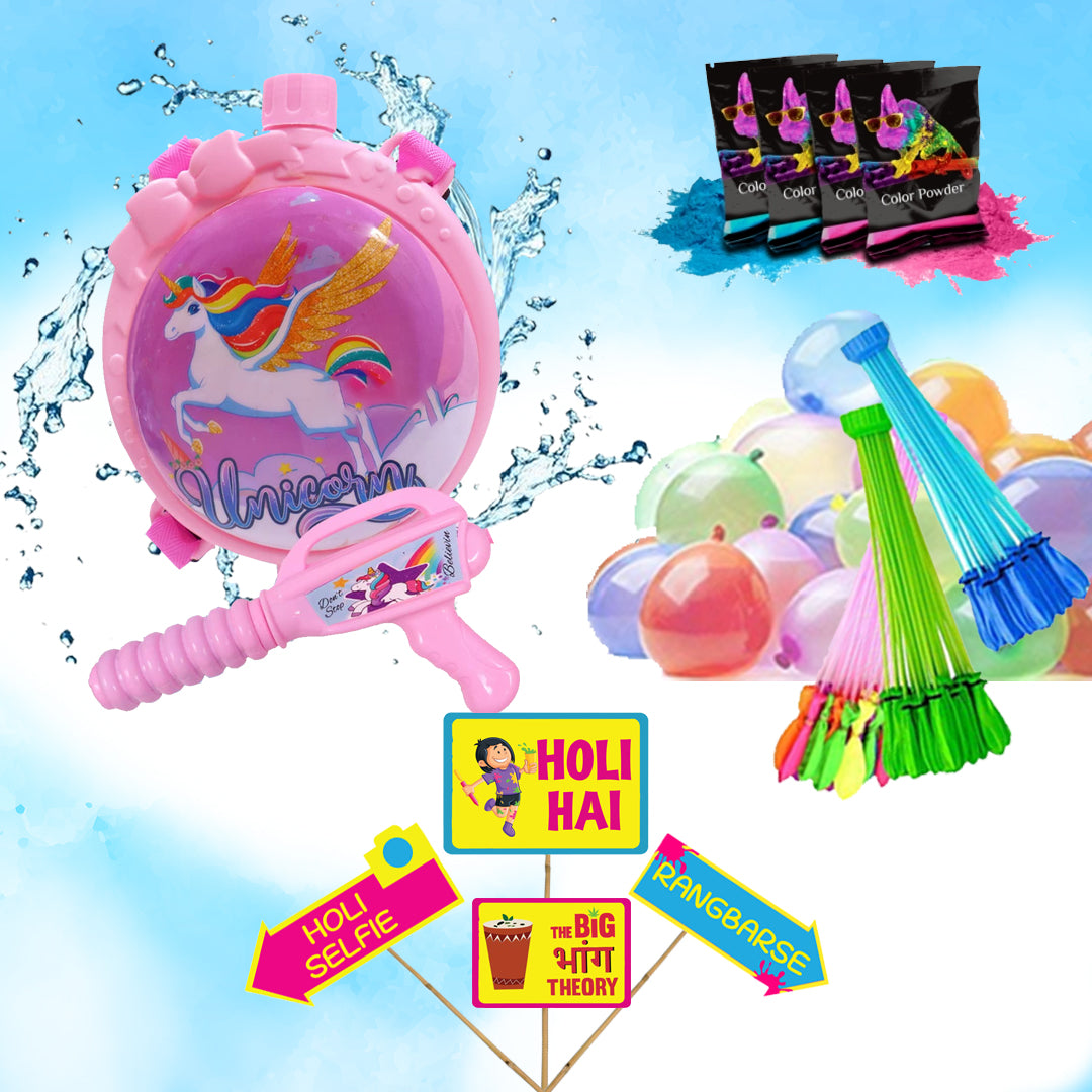 Holi Party Combo-Unicorn Water Gun ,Water Balloons, Gulal and Props