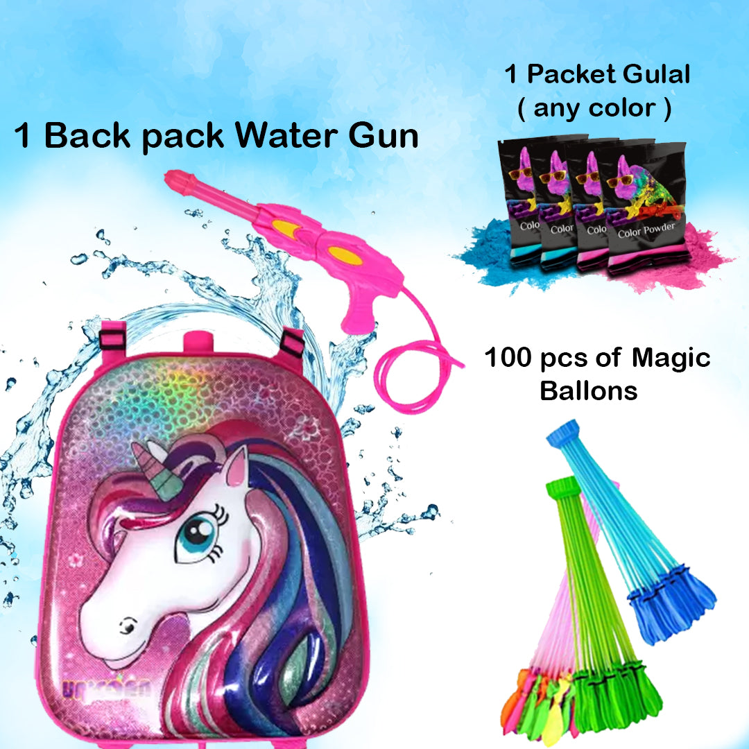Holi Party Combo- Unicorn Water Gun ,Water Balloons, Gulal and Props