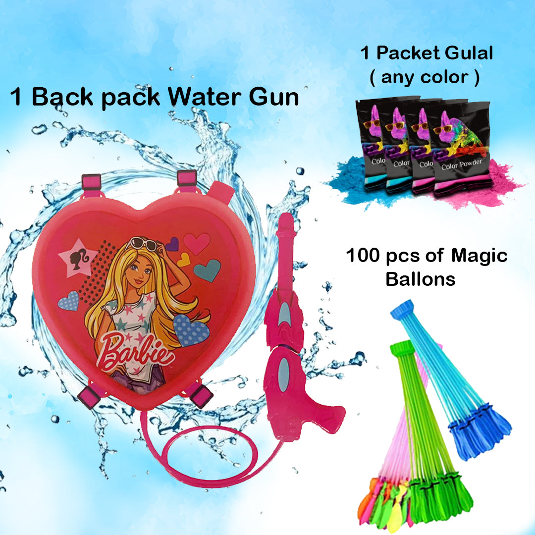 Holi Party Combo- Barbie Water Gun ,Water Balloons and Gulal