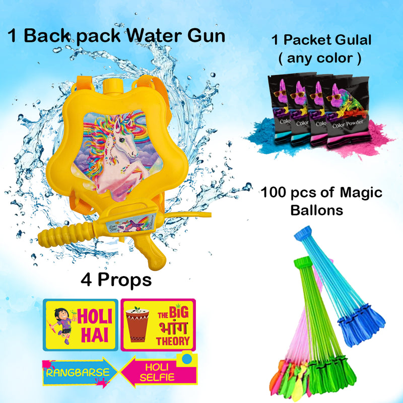 Holi Party Combo- Unicorn Water Gun ,Water Balloons Gulal and Props
