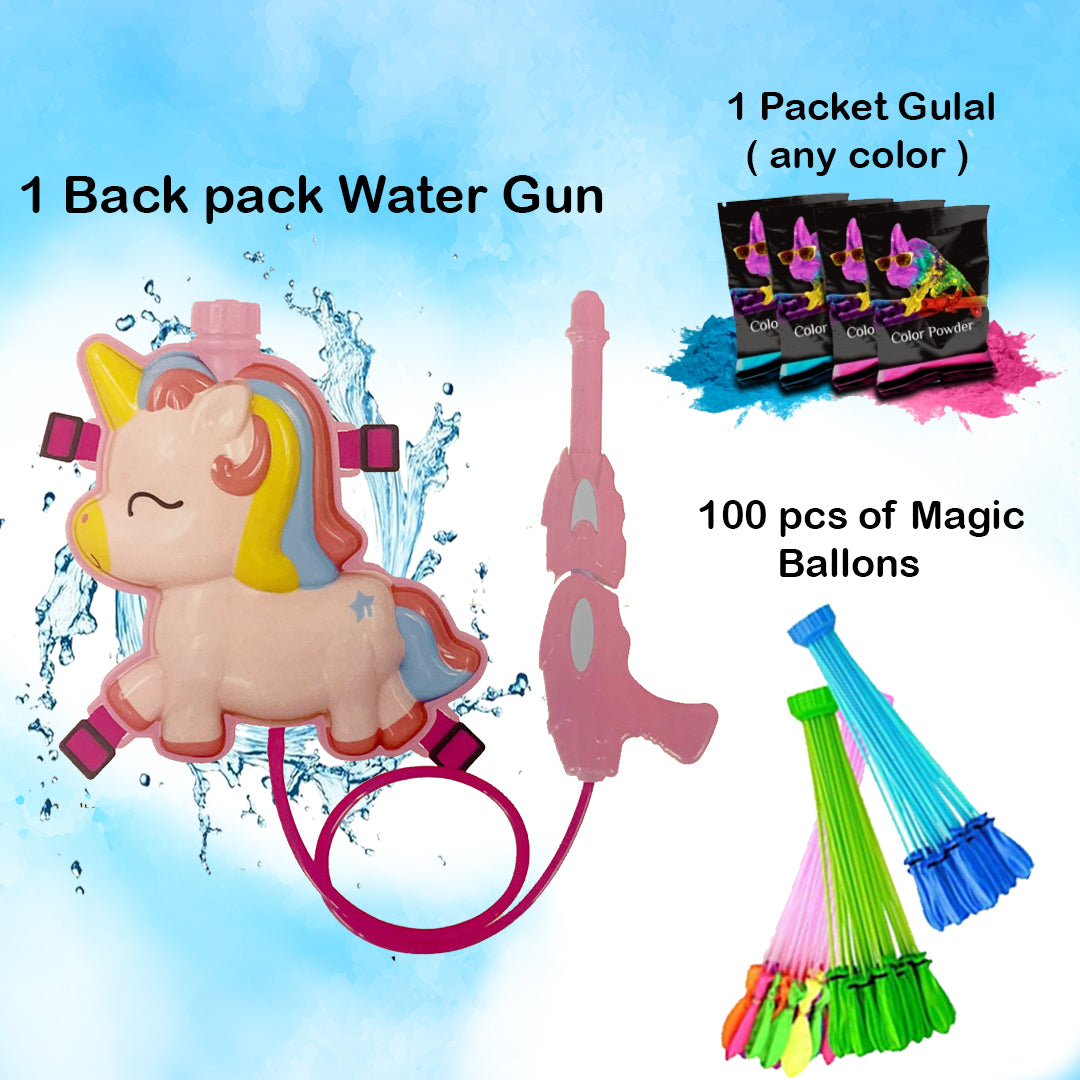 Holi Party Combo- Unicorn Water Gun ,Water Balloons and Gulal