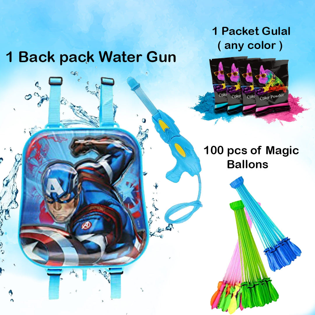 Holi Party Combo- Avengers Water Gun ,Water Balloons and Gulal
