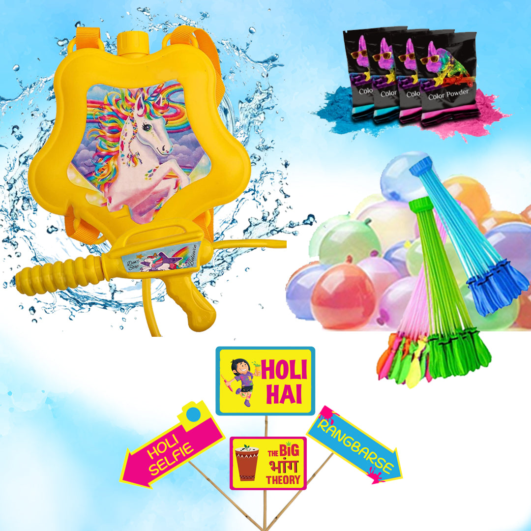 Holi Party Combo- Unicorn Water Gun ,Water Balloons Gulal and Props