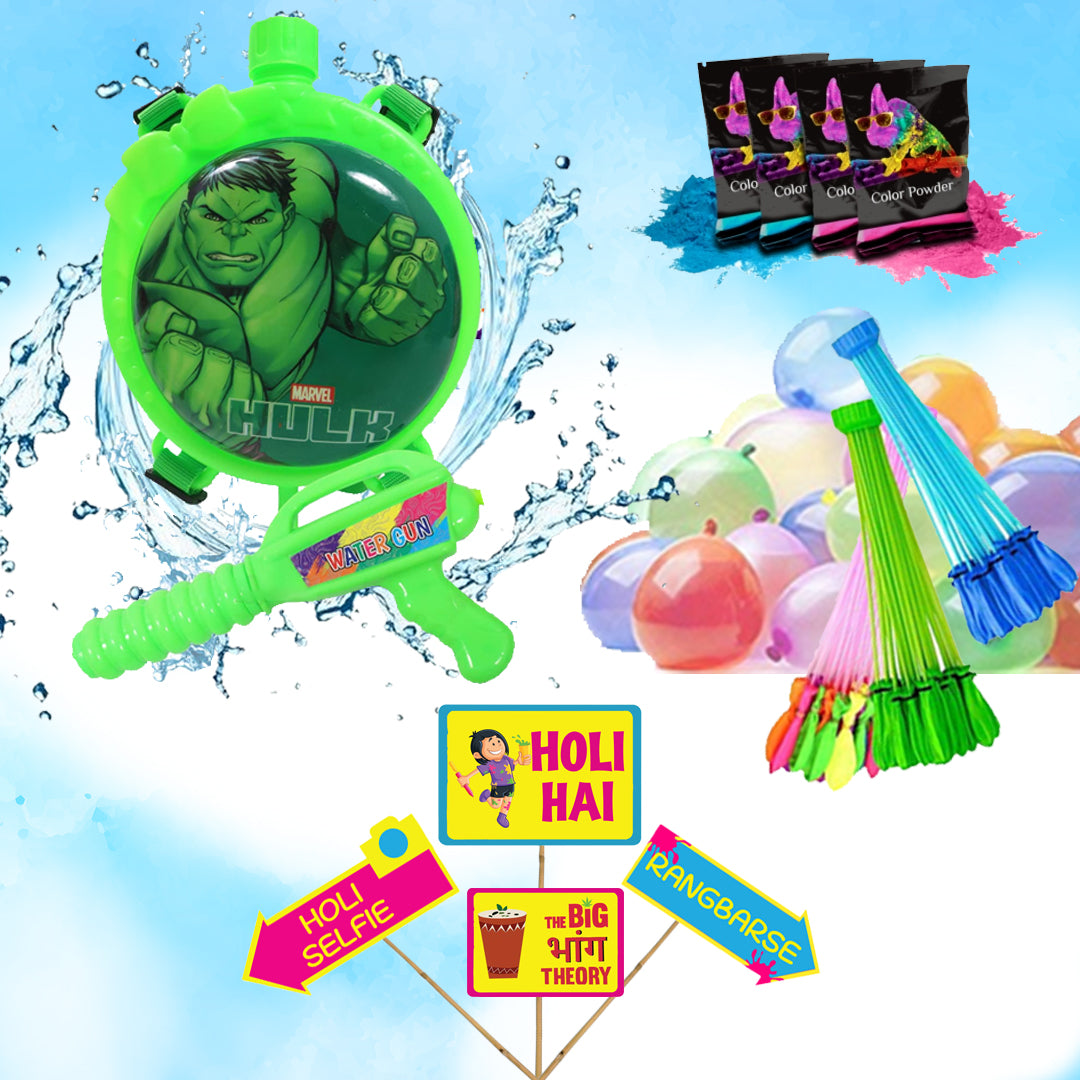 Holi Party Combo- Hulk Water Gun ,Water Balloons Gulal and Props