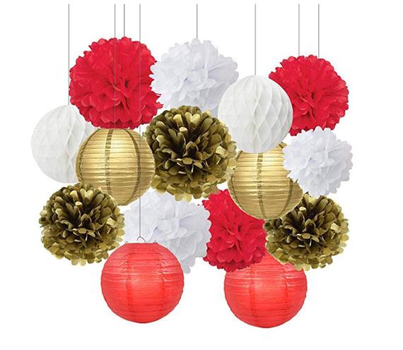 Red White And Gold White Tissue Paper Pom Poms And Paper Lanterns Decoration.