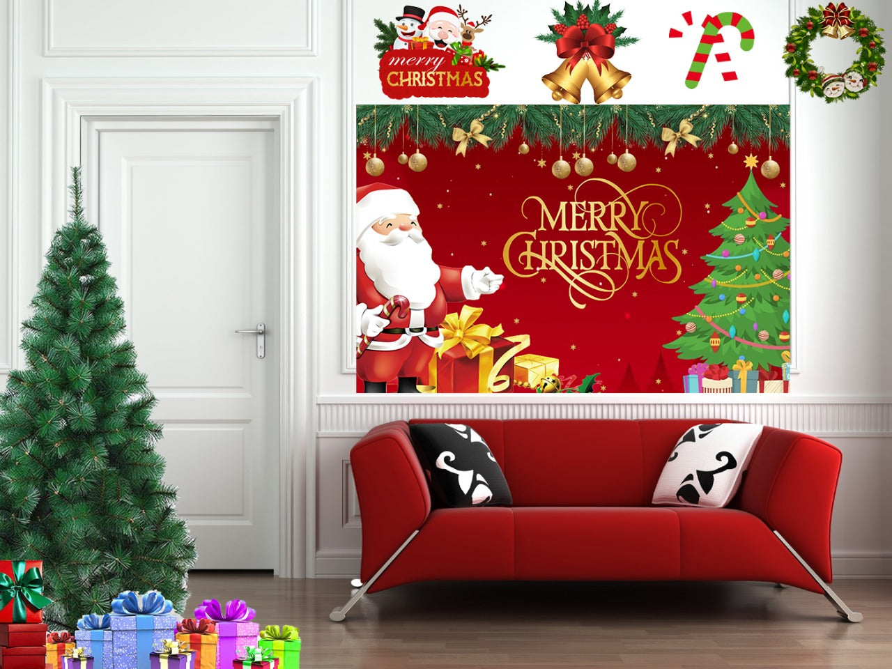 Christmas Party Decorations Kit with Backdrop, Pine Tree 6ft & Cutouts