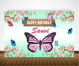 Personalize Butterfly & Flowers Birthday Backdrop Banner