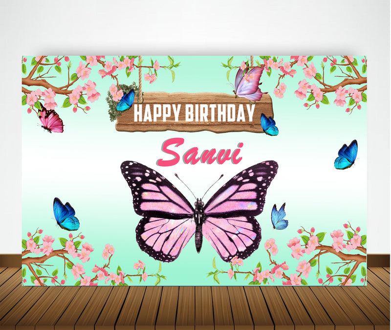 Personalize Butterfly & Flowers Birthday Backdrop Banner