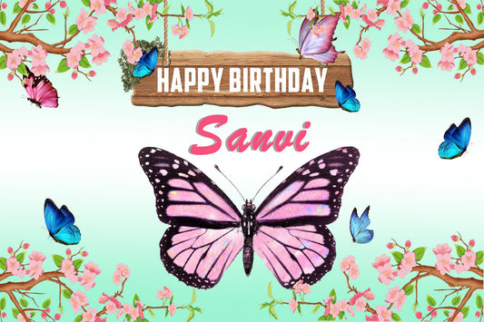 Personalize Butterfly & Flowers Birthday Backdrop Banner