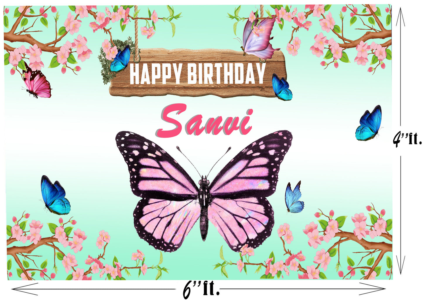 Personalize Butterfly & Flowers Birthday Backdrop Banner