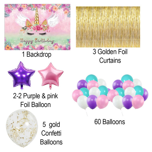 Unicorn Theme Birthday Party Decoration Kit with Backdrop & Balloons