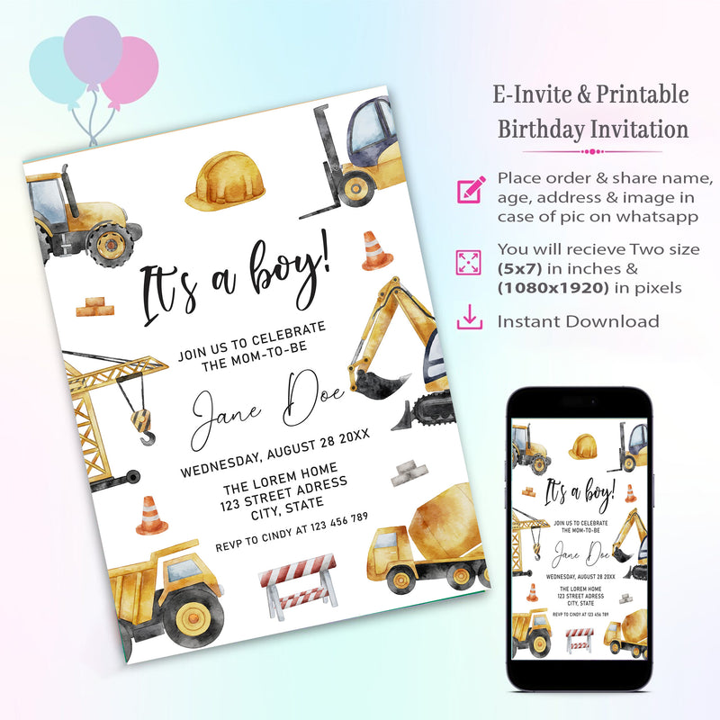 Construction Theme Invitation for Birthday