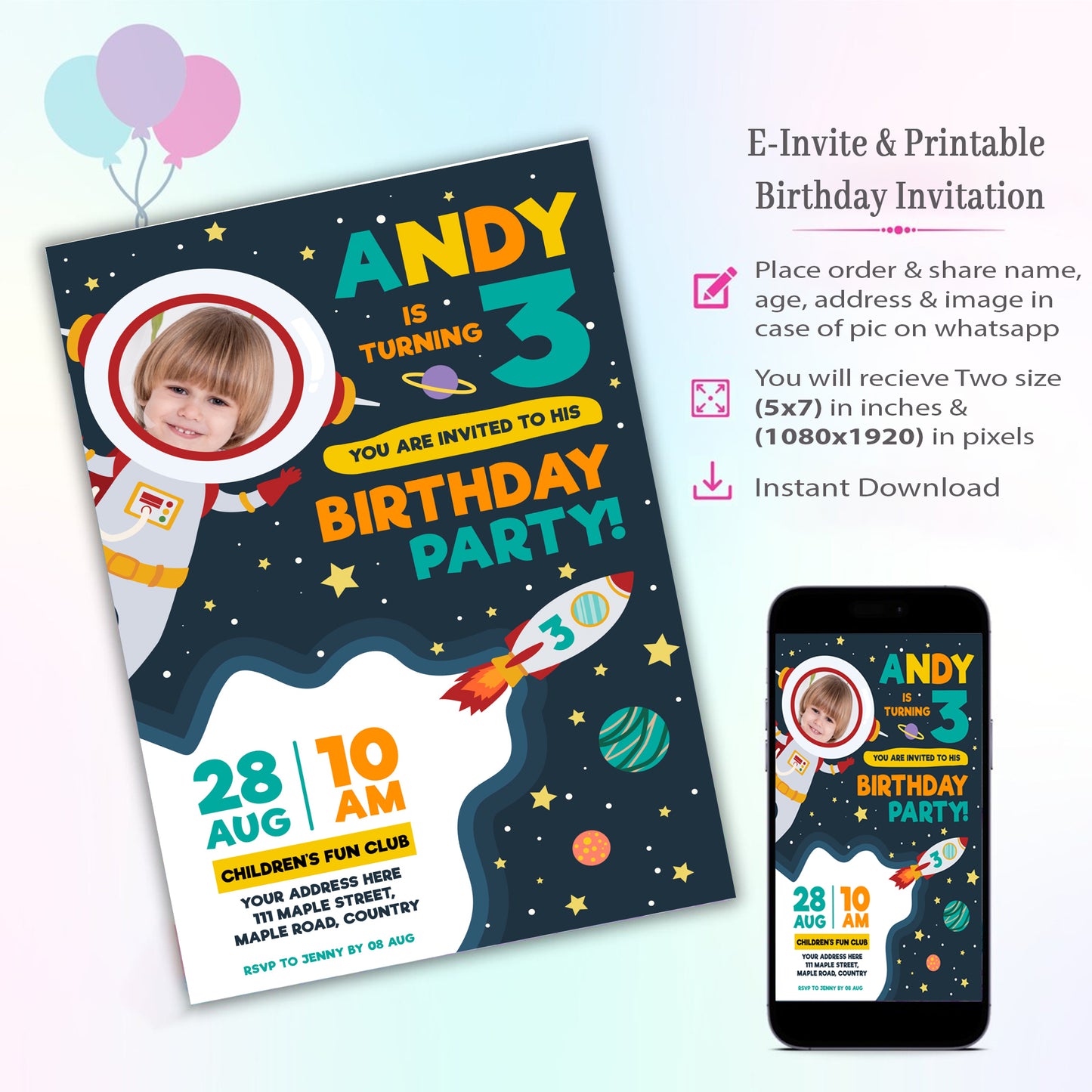 Space Theme Invitation for Birthday