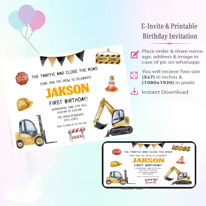 Construction Theme Invitation for Birthday