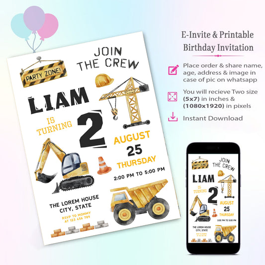Construction Theme Invitation for Birthday