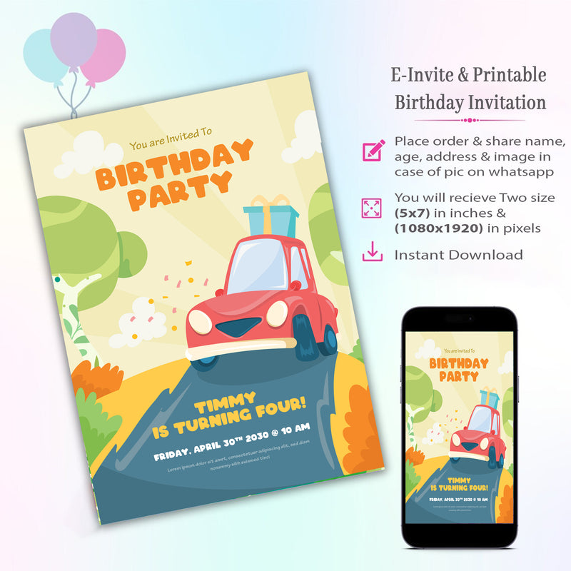 Car Theme Invitation for Birthday