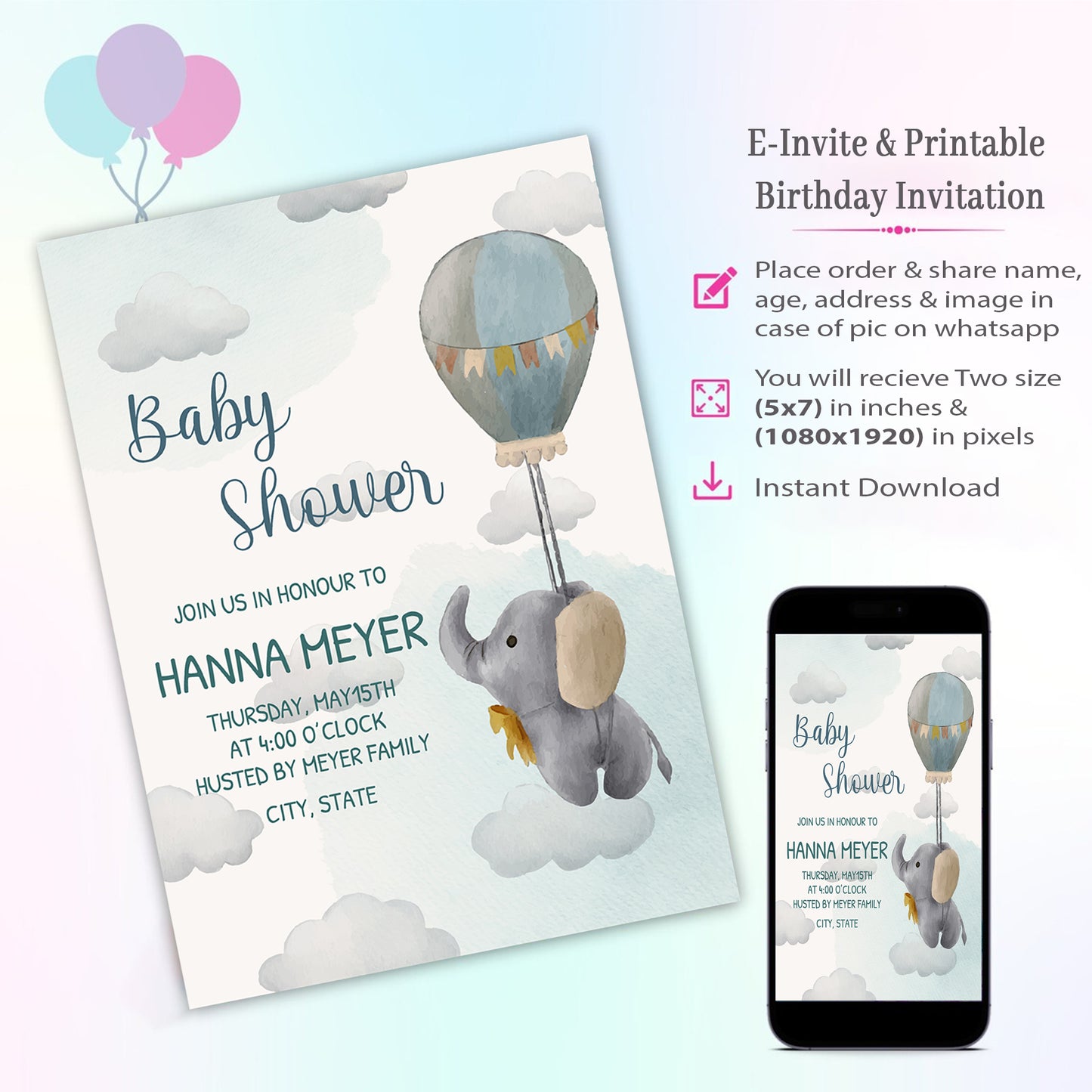 Elephant Theme Invitation for Birthday