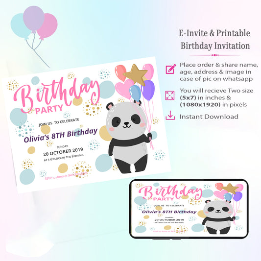 Panda Theme Invitation for Birthday