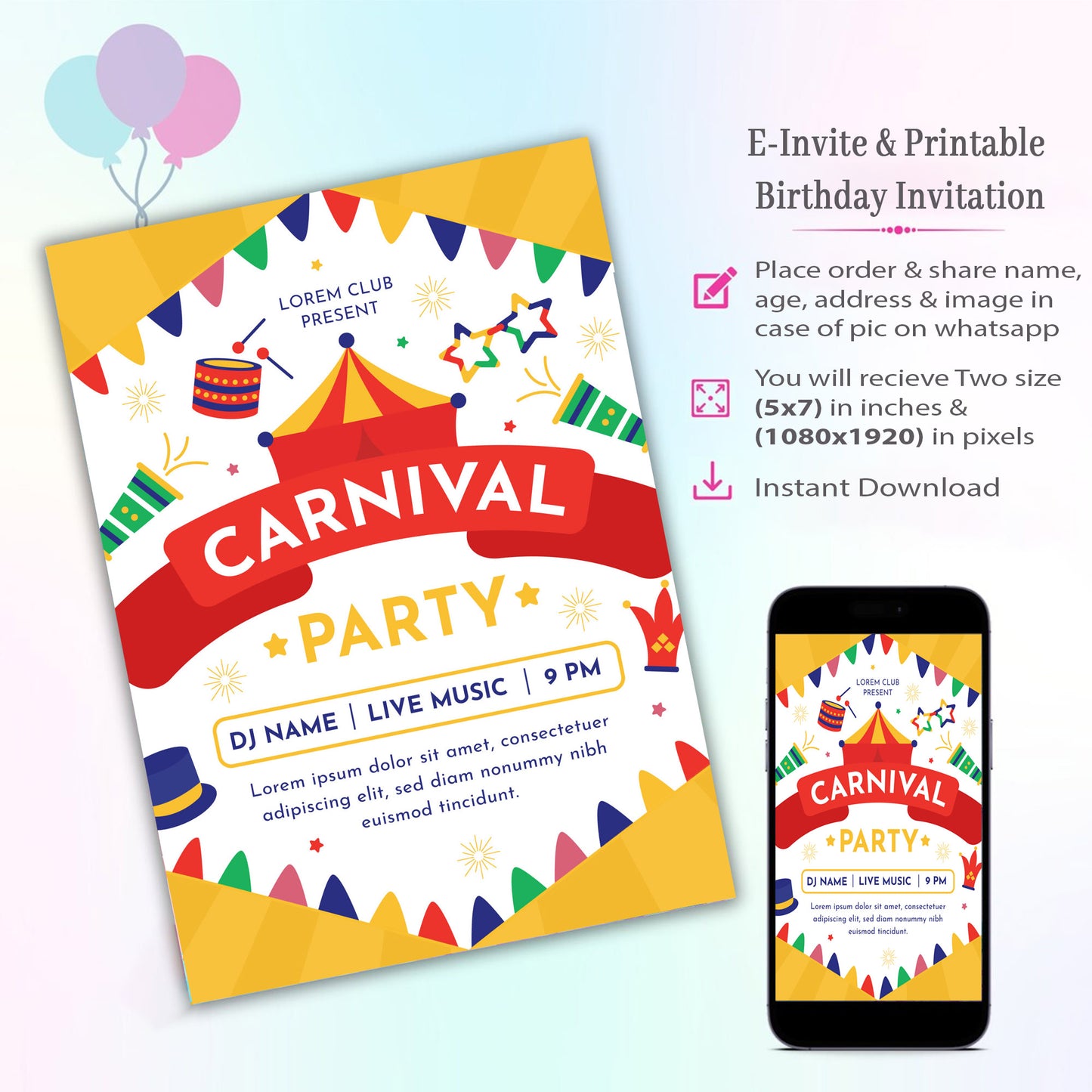 Carnival Theme Invitation for Birthday