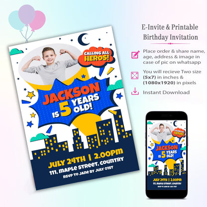 Super Hero Theme Invitation for Birthday