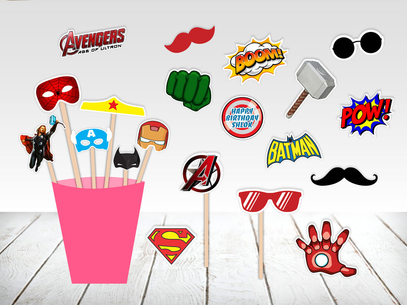 Avenger Theme Birthday Party Photo Booth Props Kit - Pack of 20