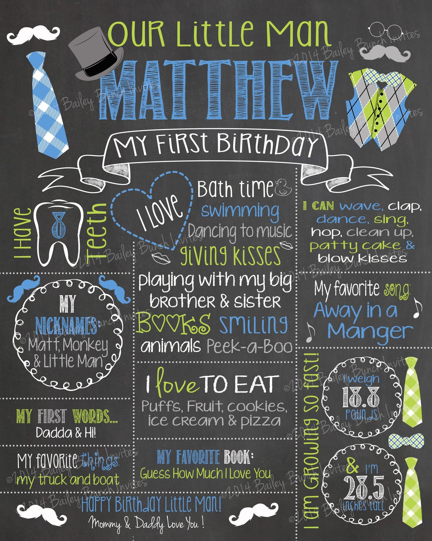 Little Man Theme Customized Chalkboard/Milestone Board for Kids Birthday Party