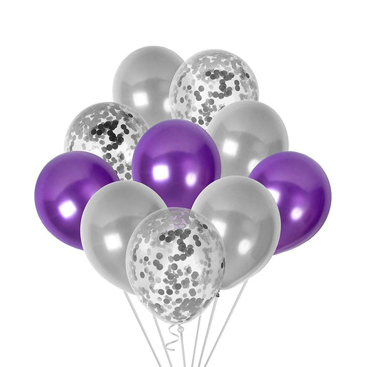 Metallic Silver And Purple Balloons And 12 Inch Silver Confetti Balloon(With Ribbon) - Pack of 40