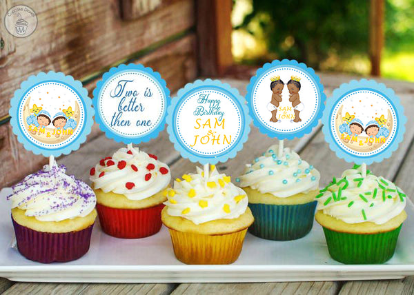 Twin Boys Theme Birthday Party Cupcake Toppers for Decoration